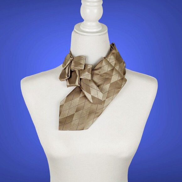 Beige Argyle Print Silk Ascot Scarf - Unisex Necktie - Women's Office Fashion - Picture 1 of 7